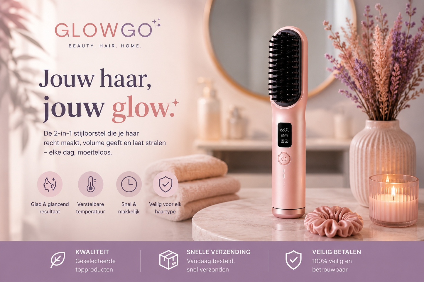 GlowGo™ Draadloze Stijlborstel – Keramische Haarborstel